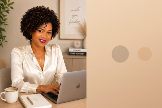 BeautySync Pro's virtual brand avatar, shown typing on a laptop while working on salon email marketing.